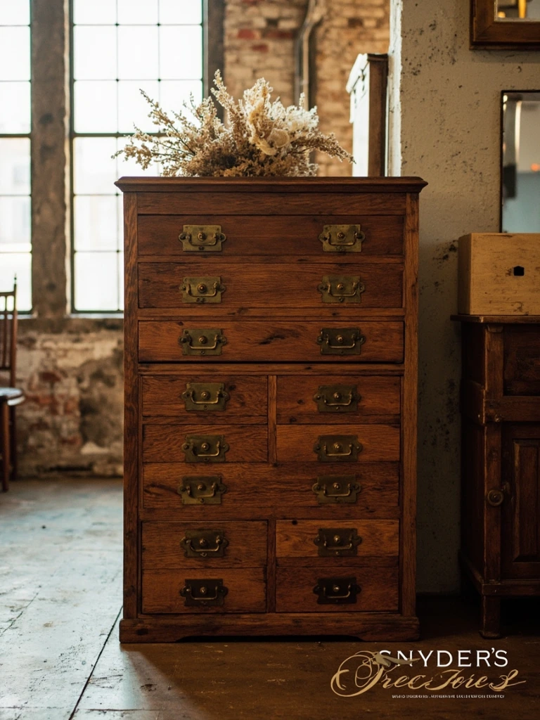 A restored 1940s oak apothecary cabinet photographed inside the Quakertown showroom.
