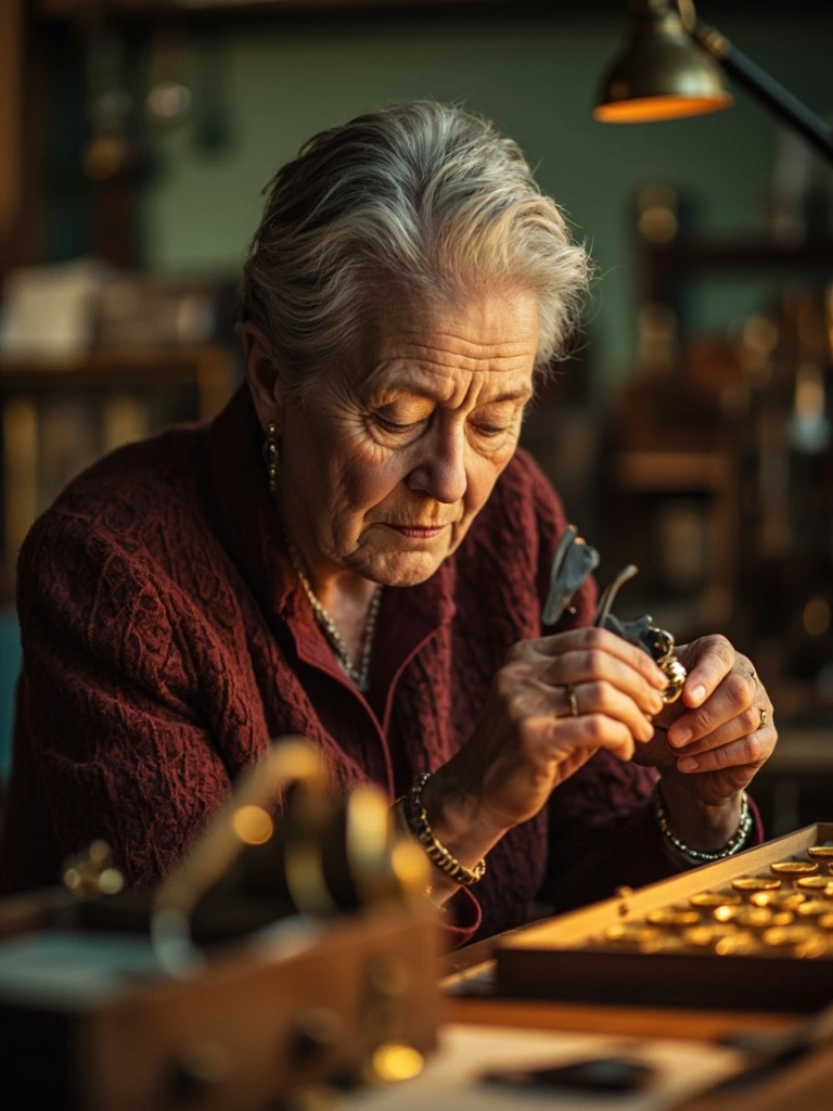 Portrait of Margaret Snyder, GIA-trained gemologist, examining a vintage ring.