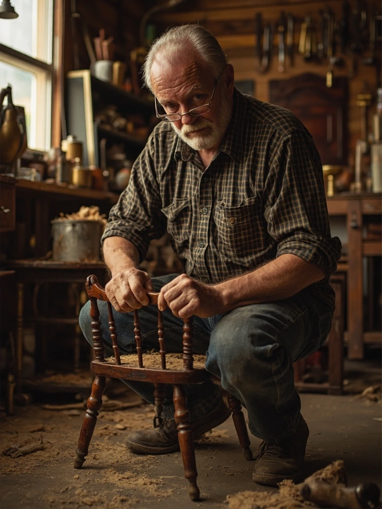 Portrait of the master refinisher at work in the restoration workshop.