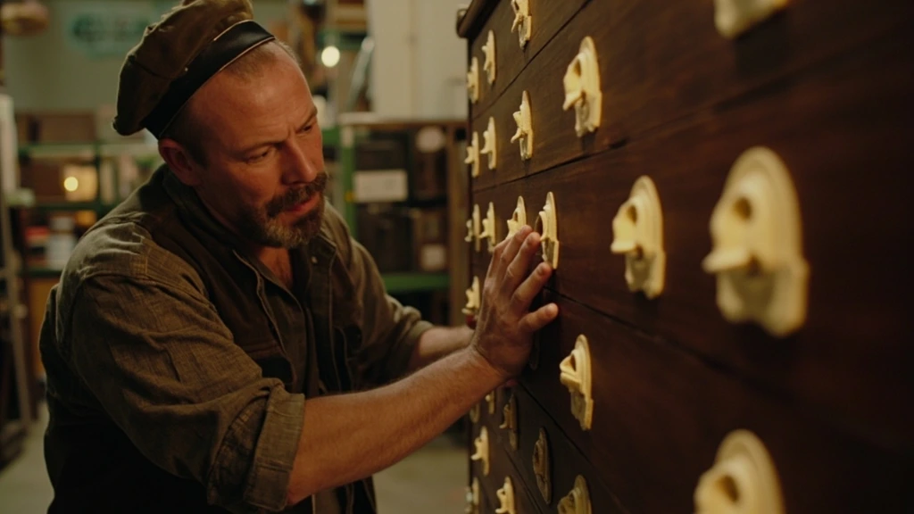 A set dresser sourcing a vintage apothecary cabinet on a production warehouse floor.