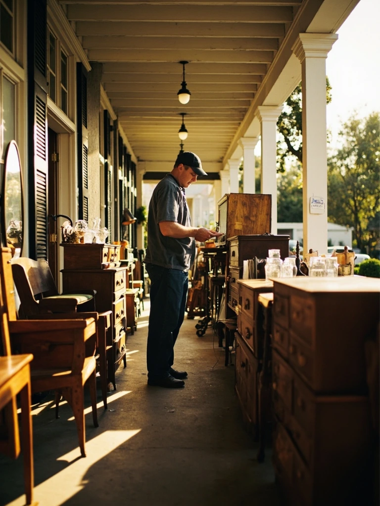 Estate sale liquidator tagging vintage furniture on a porch.
