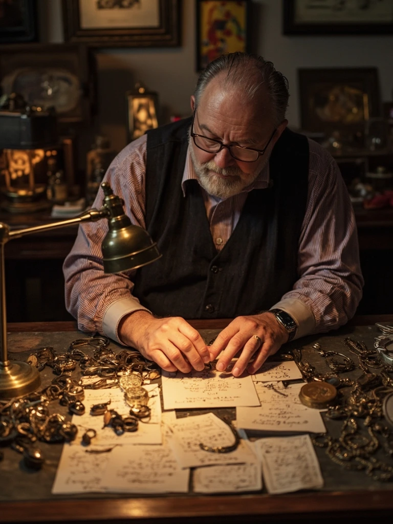 Reseller dealer organizing vintage jewelry and pocket watches.