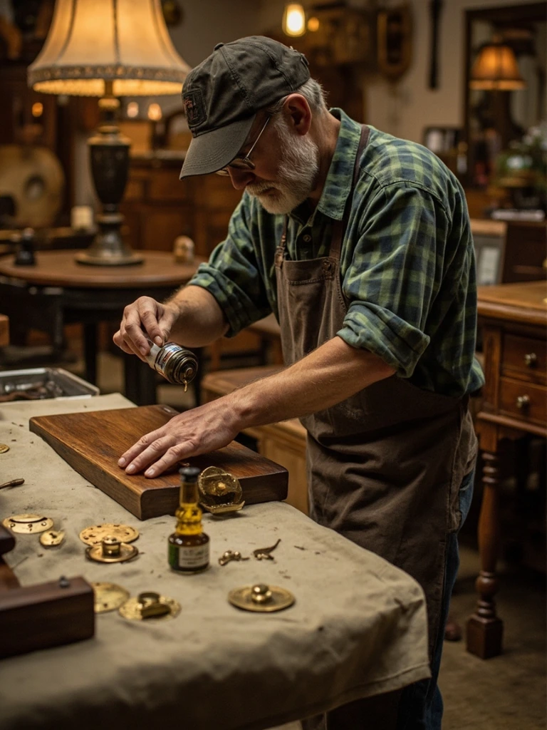 Master refinisher restoring a vintage oak sideboard in the Snyder's workshop.